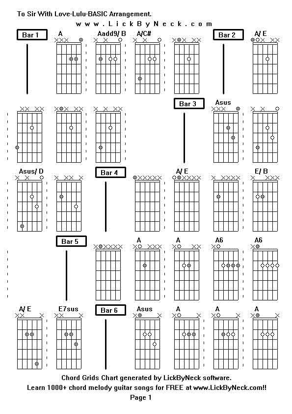 Chord Grids Chart of chord melody fingerstyle guitar song-To Sir With Love-Lulu-BASIC Arrangement,generated by LickByNeck software.